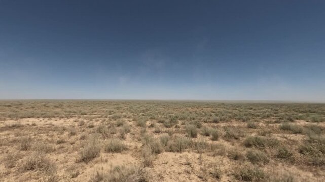 Expansive desert landscape with sparse vegetation and clear blue sky