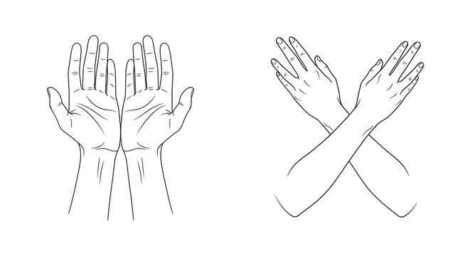 A pair of open, upturned palms and a pair of crossed arms, illustrated in simple line art, on white.