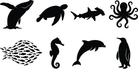Obraz premium Sea Life Animals Black Silhouette Set Vector Collection for Marine Biology and Educational Design