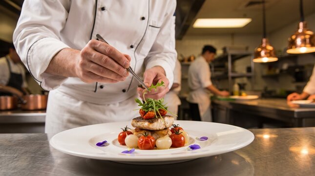 Chef garnishing a fine dining dish in a commercial kitchen