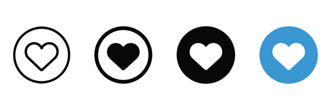 Heart icon set with simple love pictograms representing likes, favorites, romance, care, health, relationships, and social media interaction design