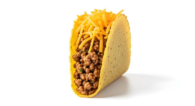 A single, crisp yellow corn taco shell standing upright, filled with ground beef and cheese, on white.