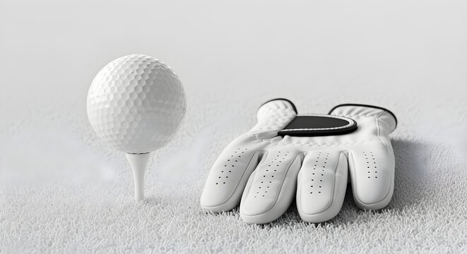 New golf ball on a tee, with a pristine golf glove beside it, on white turf.