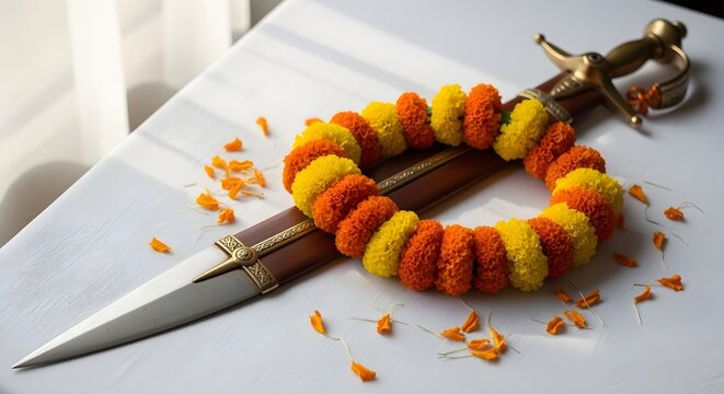 A traditional Indian sword (representing Rama) and a marigold garland, arranged on a white cloth.