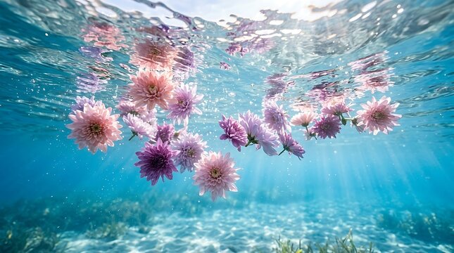 Beautiful pink and purple flowers floating under the clear blue water surface with sunlight rays in a bright pond