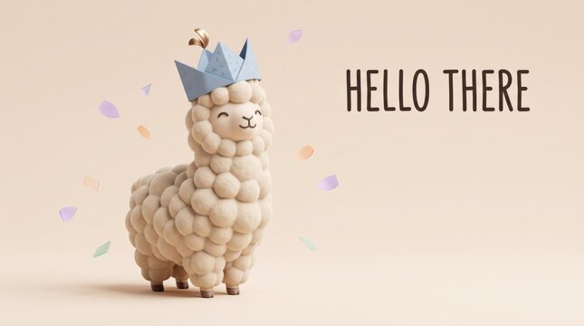 Cute llama wearing crown with confetti on beige background
