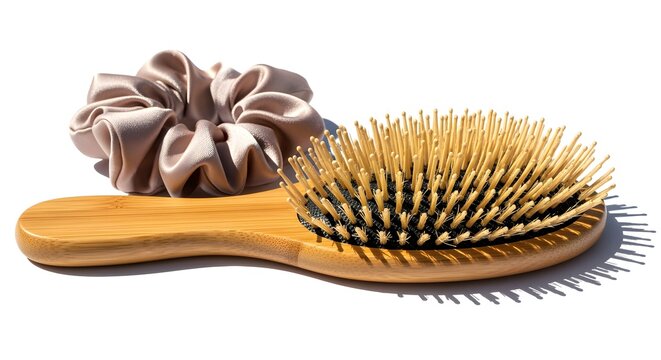 A beautiful, high-quality boar bristle hairbrush and a single silk hair scrunchie on white.