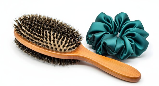 Boar bristle hairbrush and a single silk hair scrunchie on white.