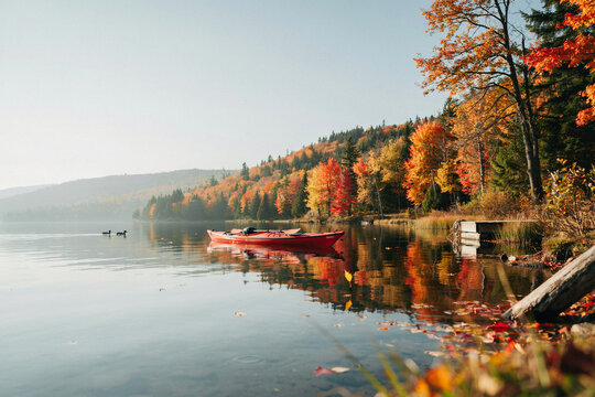 A red kayak floats peacefully on a serene lake reflecting vibrant autumn foliage on the distant tree-covered mountainside under a bright clear sky with a wooden dock and ducks swimming nearby
