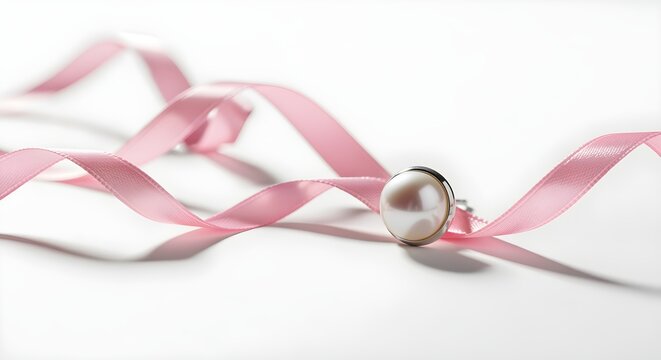 Pink ribbon intertwined with a single, pearl earring on a white background.