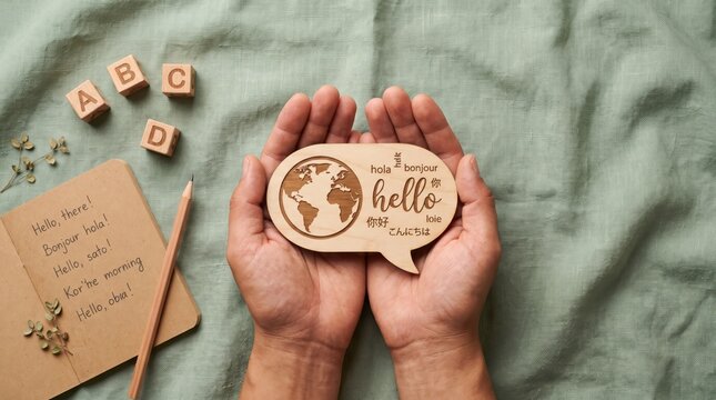Hands holding wooden speech bubble with global hello message