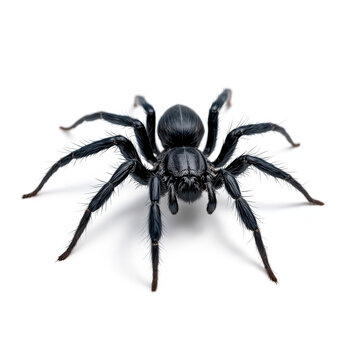 Ominous glossy black spider with slender hairy legs isolated on a clean white background