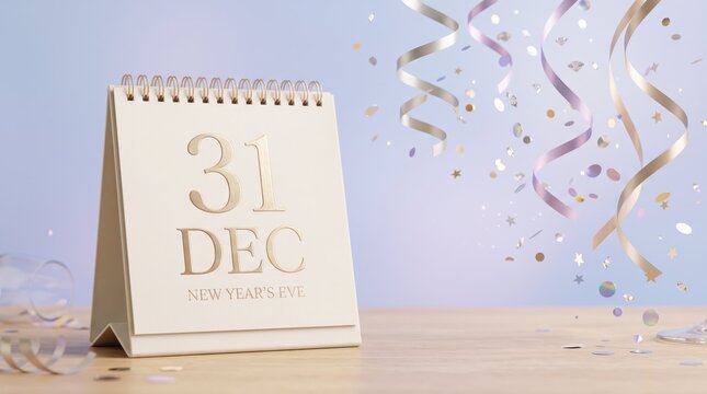 New Year's Eve celebration calendar with confetti and ribbons on table