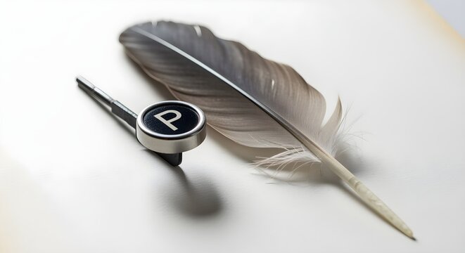 A vintage typewriter key for the letter "P" and a single feather quill on a white page.