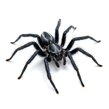 Striking black spider with subtle orange markings and long hairy legs isolated on white background