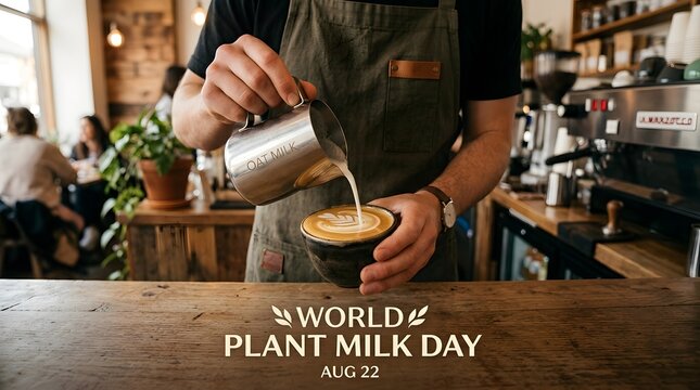 Barista pouring plant milk into coffee for world plant milk day with coffeehouse