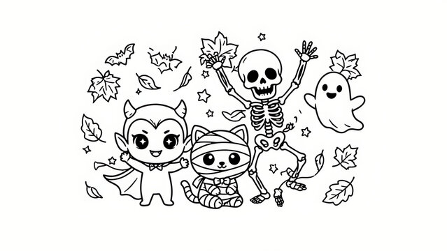 A cheerful skeleton dances alongside a cute vampire and mummy kitten while a ghost floats nearby, created with generative ai.
