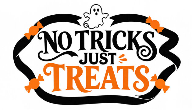 No tricks just treats halloween greeting typography design with ghost and candy white background halloween typography seasonal greeting illustration celebration traditional decorations