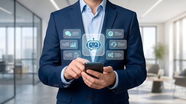 Businessman using smartphone with chatbot interface and AI icons