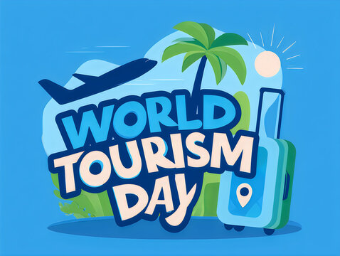 World tourism day typography design with airplane palm tree and suitcase for travel concept