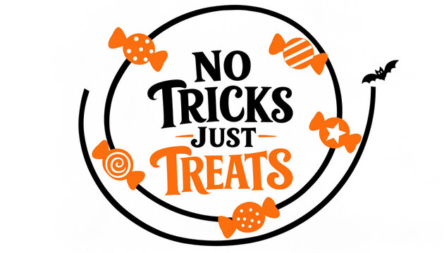 No tricks just treats halloween greeting typography design in circle with candies and bat white background halloween typography seasonal greeting illustration celebration traditional