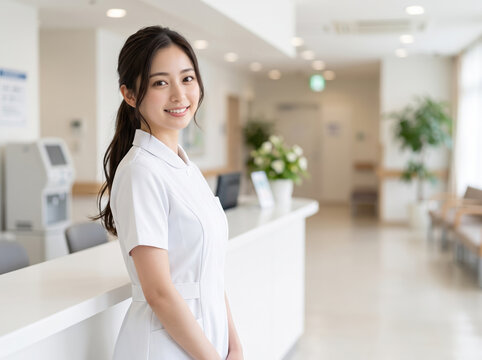 受付のカウンター越しに微笑む笑顔の若い医療事務員の女性