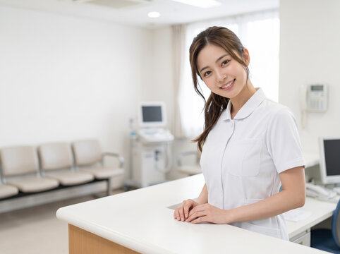 病院の受付カウンターで微笑む白衣姿の若い女性スタッフ