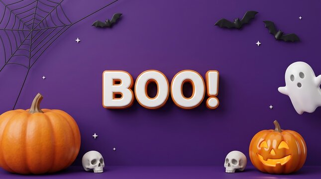 Fun halloween spooky graphic with jack o lanterns, ghost, and skulls saying boo in pixel art style