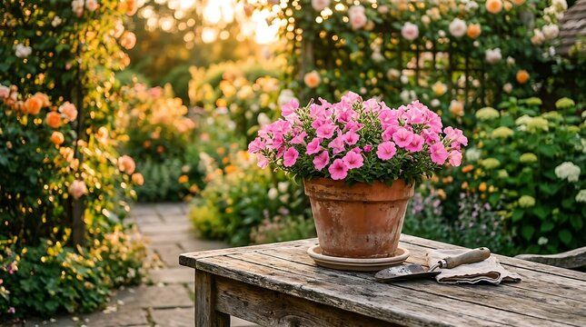 Beautiful pink geranium flowers in a clay pot on a rustic wooden table in a sunny backyard garden during the spring