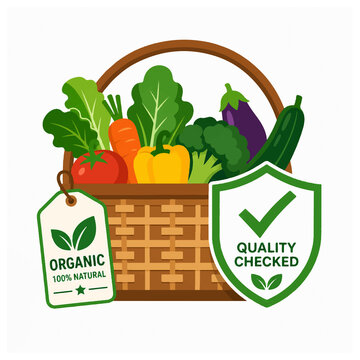Organic fresh vegetable basket with quality checked badge isolated white background.