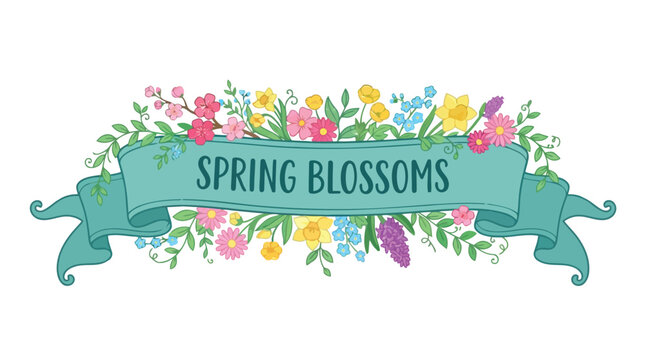 Colorful spring banner with flower illustrations