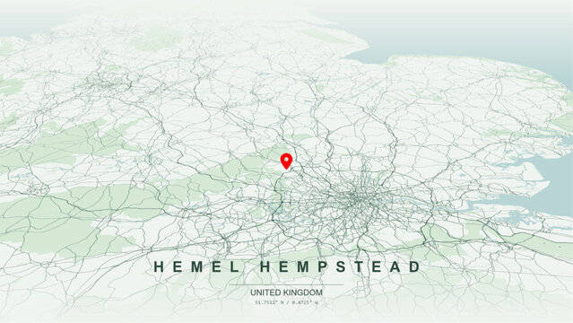 Minimalist vector map of Hemel Hempstead, Hertfordshire, England. High-quality scalable illustration of Hemel Hempstead geographic boundaries along River Gade, River Bulbourne for posters design.