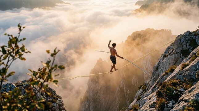 Brave Man Walking on a Highline Above the Clouds at Sunrise in the Mountains Extreme Slacklining Adventure