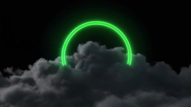 Futuristic electric storm with glowing green neon circle and blue lightning over dark clouds at night
