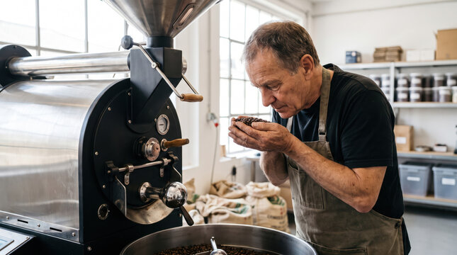 Coffee roasting roaster bean artisan man workshop aroma machine craft Coffee roasting roaster bean artisan man smelling fresh bean near industrial machine bright workshop with careful craft