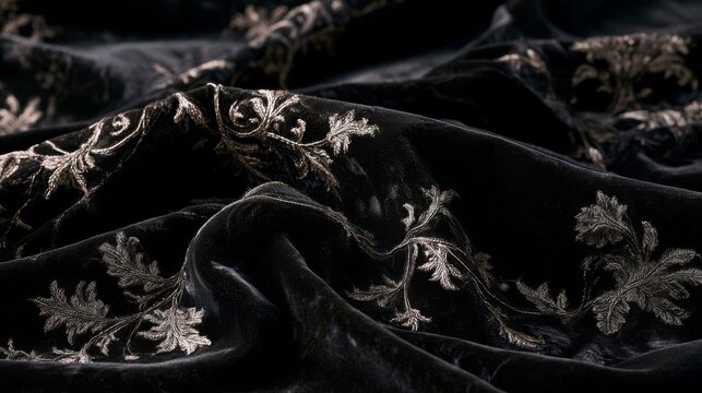 Luxurious Black Velvet Fabric with Delicate Silver Thread Embroidery for Elegant Design and Fashion Applications