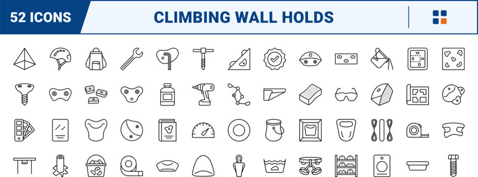 Climbing wall holds line icon set. Vector pictograms of route, setting, bouldering, and crimp elements, thin linear illustration.
