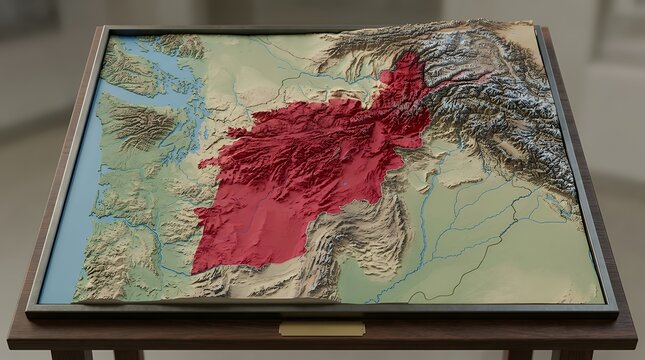 Three Dimensional Topographic Map Highlighting Designated Regional Province Territory in Red Highlighted Geographic Location map 3d map province location region highlighted red mark territory