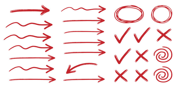Hand drawn red marker brush stroke arrows check marks spirals and underline elements vector illustration.