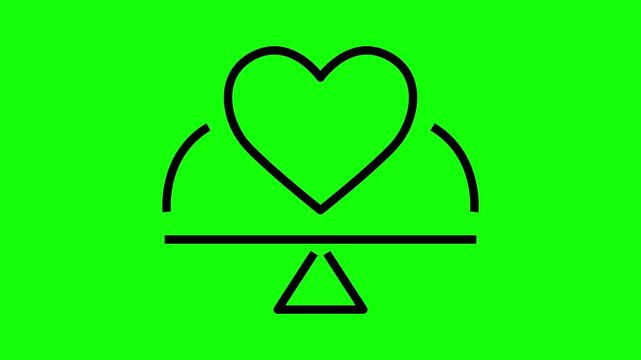 Animated Black Line Heart Balance Scale Icon on Green Screen Background, Representing Emotional Stability and Self Care