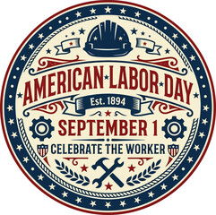 Fototapeta premium Vintage circular american labor day emblem with showcases circular badge designed patriotic color scheme featuring construction tools typography national holiday celebration