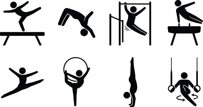 Gymnastics Icon Set Pictogram Gymnasts Performing Balance Beam Pommel Horse Parallel Bars Ring Exercises Vector
