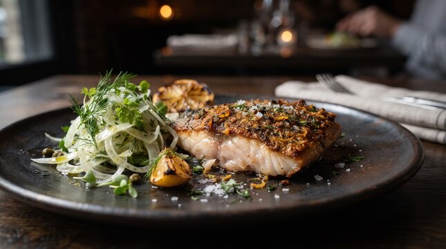 Roasted mackerel with a crisp citrus herb crust, fennel and fresh herbs, presented as a refined nutrient-rich seafood dish in close editorial detail.