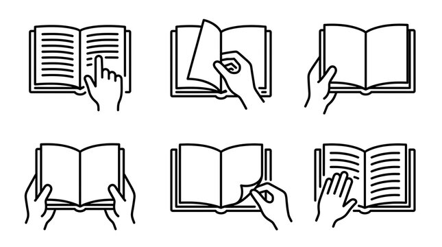 Set of hand gestures interacting with open books and turning pages in line art style.