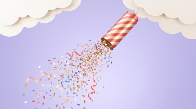 Colorful confetti exploding from a festive party popper in the sky