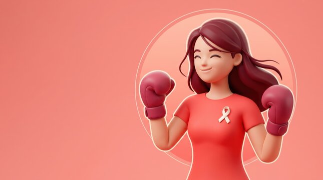 Cartoon woman wearing pink boxing gloves and breast cancer awareness ribbon
