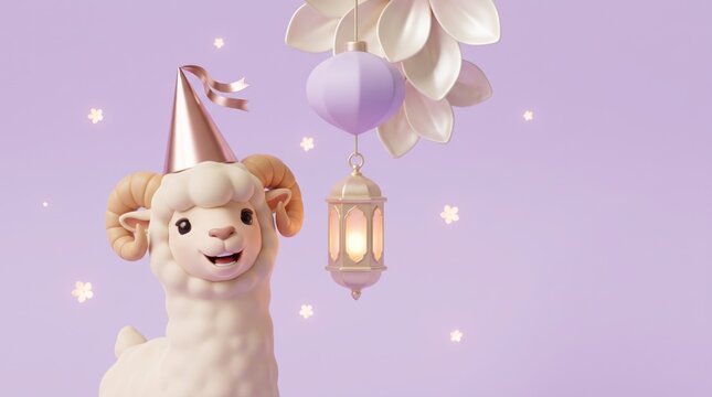 Adorable sheep wearing party hat celebrating with lantern and balloons