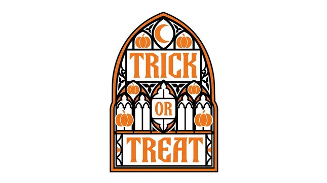 Gothic style stained glass window design featuring the text trick or treat for halloween holiday celebration
