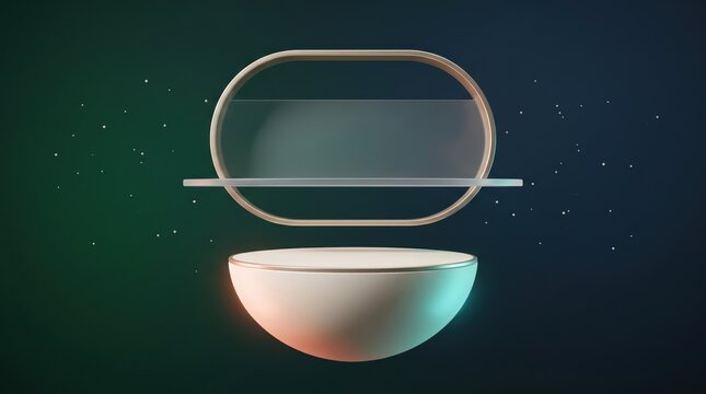 Futuristic glowing podium with glass and gold accents in space