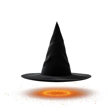 Magical black witch hat floating over a glowing fiery magic circle isolated on white background